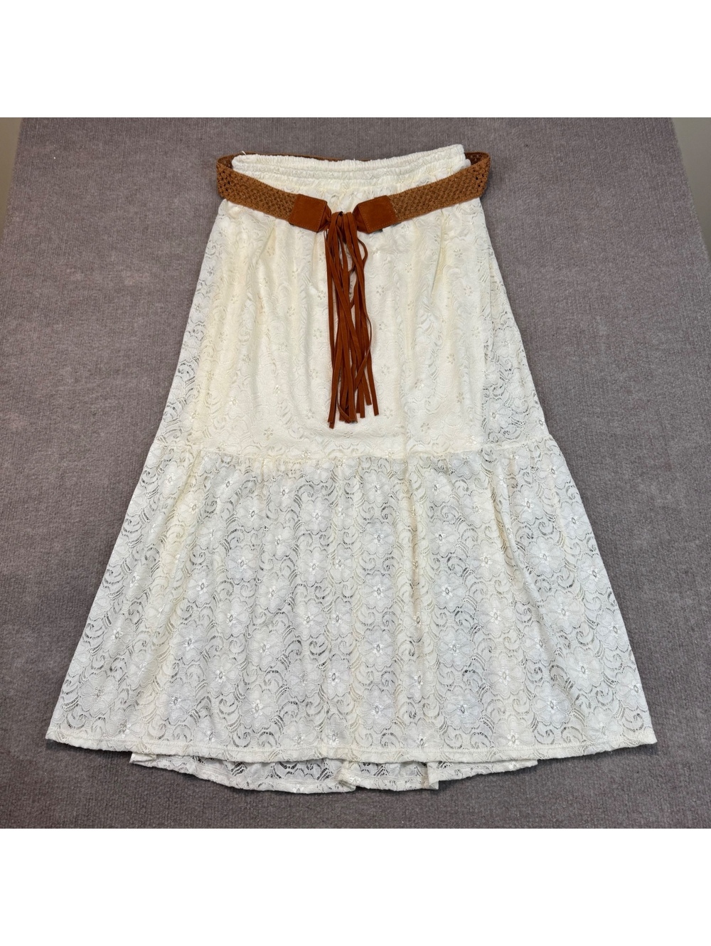 Cottagecore Cream Floral Lace Maxi Skirt Sz 1X 16W Gypsy Tassel Belt Boho Chic